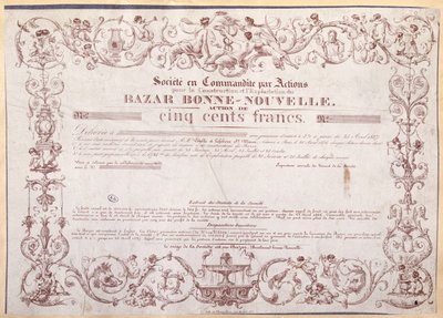 Certyfikat akcji na 500 franków dla Bazar Bonne-Nouvelle, 1836 autorstwa French School