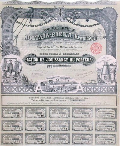 Świadectwo udziałowe dla francusko-rosyjskiej spółki wydobywczej „Joltaia-Rieka” autorstwa French School