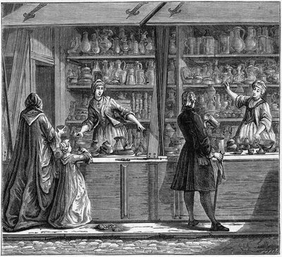 Sklep garncarza z XVIII wieku. Grawerowanie w „La Marine et les colonies: commerce” autorstwa French School