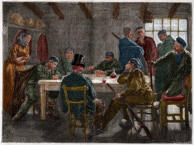 Sycylijska mafia w XIX wieku: Przesłuchanie właściciela ziemskiego zniesionego przez sycylijskich mafiosów w 1873 roku. Rycina z 1873 roku. autorstwa French School