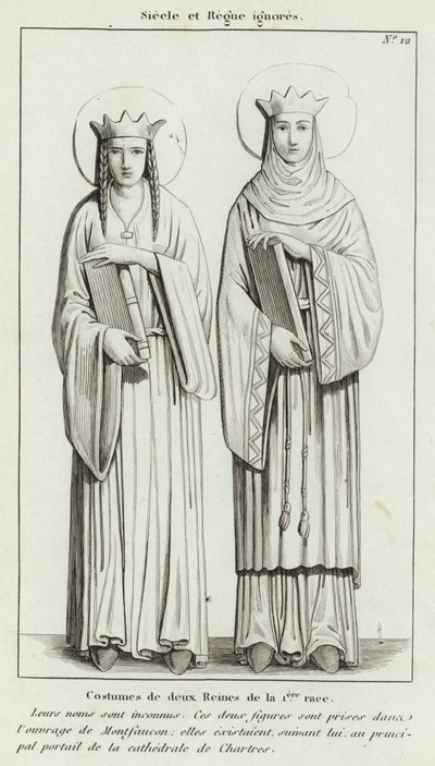 Century and Reign zignorowane, kostiumy dwóch królowych 1. rasy (grawerowanie) autorstwa French School