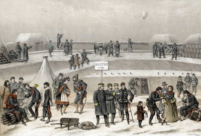 Oblężenie Paryża w 1870 r. podczas wojny 1870-1871. Żołnierze przygotowują obronę miasta: w bunkrze widać żołnierza. autorstwa French School