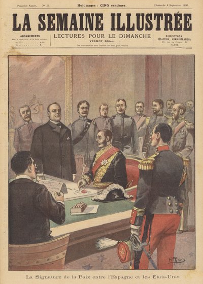 Podpisanie protokołu pokojowego kończącego działania wojenne w wojnie hiszpańsko-amerykańskiej, Waszyngton, 12 sierpnia 1898 r. autorstwa French School