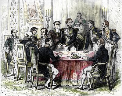 Podpisanie rozporządzeń św. Chmury (kolorowy grawerunek) autorstwa French School
