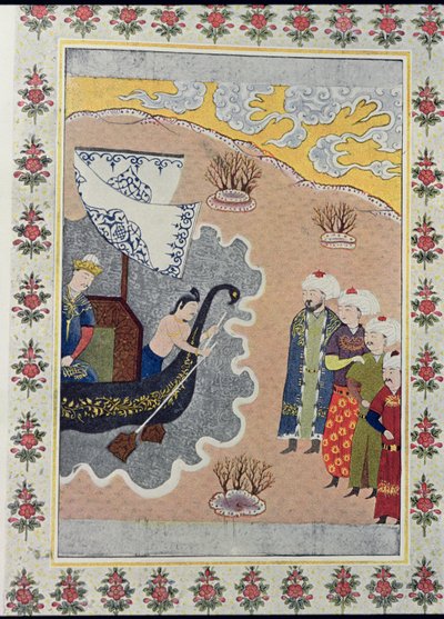 Sindbad zaokrętowanie, ilustracja do Sindbada Żeglarza, z "Arabskich nocy", 1895 (kolor grawerowany) autorstwa French School