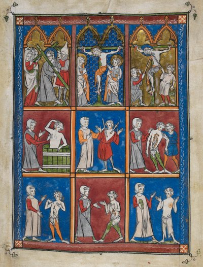 Sloane 1977, f.7 Chirurgia: Dziewięć miniatur przedstawiających sceny biblijne i medyczne. Powyżej Chrystus niosący krzyż; Maryi i św. Jana na Kalwarii; Chrystus podał ocet i przebił włócznią. Centrum i poniżej, lekarze leczący pacjentów z różnych przyczyn autorstwa French School