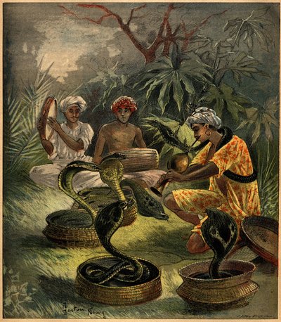 Zaklinacze węży (kobry) w Indiach. Grawer w „La Terre Illustree” nr 94 z 18 sierpnia 1892 r. autorstwa French School