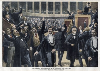 Socjaliści śpiewają Międzynarodówkę w Izbie Deputowanych we Francji w środku sesji w obecności Georgesa Clemenceau (1841-1929) - „Le Petit Journal”, maj 1909 (rycina) autorstwa French School