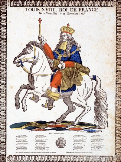 Pieśń na cześć króla Francji Ludwika XVIII, zilustrowana konnym portretem króla (rycina) autorstwa French School