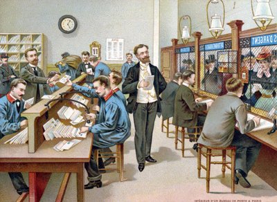 Sortowanie poczty w paryskim urzędzie pocztowym, ilustracja z kalendarza pocztowego, 1904 autorstwa French School