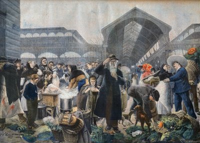 Stoisko z zupą na targu Les Halles rano, ilustracja z „Le petit Journal”, 2 marca 1897 - la soup aux Halles le matin w Paryżu - rycina Fortune-Louis Meaulle wg Jeana Jacquesa Rousseau (1861-1911) autorstwa French School
