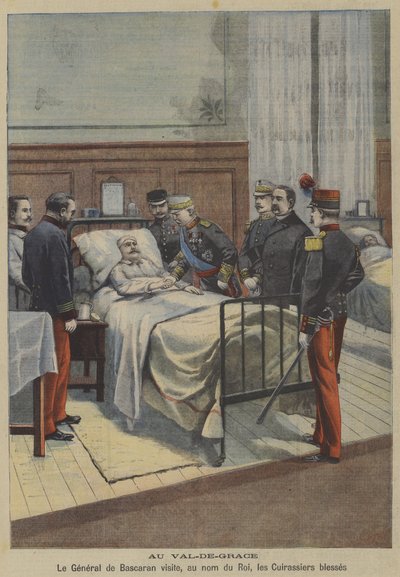 Hiszpański generał Jose de Bascaran odwiedza rannych kirasjerów w imieniu króla Alfonsa XIII w szpitalu wojskowym Val-de-Grace w Paryżu (kolor lito) autorstwa French School