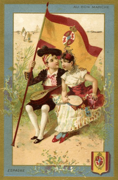 Hiszpański chłopiec i dziewczynka, z serii ilustracji dzieci z różnych krajów, wyprodukowanych jako karty promocyjne dla Domu Towarowego Bon Marché w Paryżu, ok. 1890 autorstwa French School