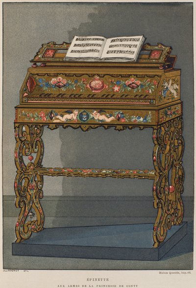 Spinet z herbem księżnej Conti, ilustracja z Dictionnaire de lameublement et de la decoration autorstwa Henry