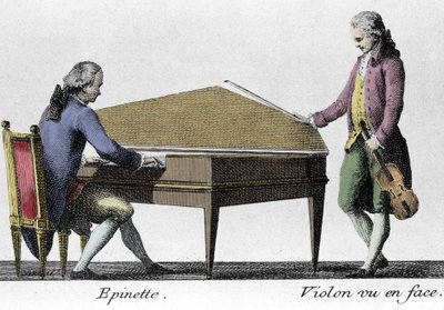 Spinette i skrzypek. Rycina z końca XVIII wieku. autorstwa French School