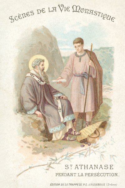 Św. Atanazy podczas prześladowań chrześcijan (chromolitho) autorstwa French School