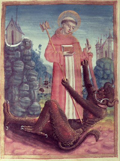 Św. Bernard z Mentonu (923-1008) Pokonując demona, z Księgi Godzin, 1490 autorstwa French School