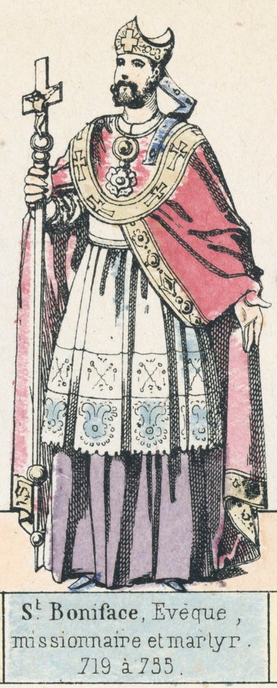 Św. Bonifacy, Biskup, Misjonarz i Męczennik, 719-735 (kolorowy grawerunek) autorstwa French School