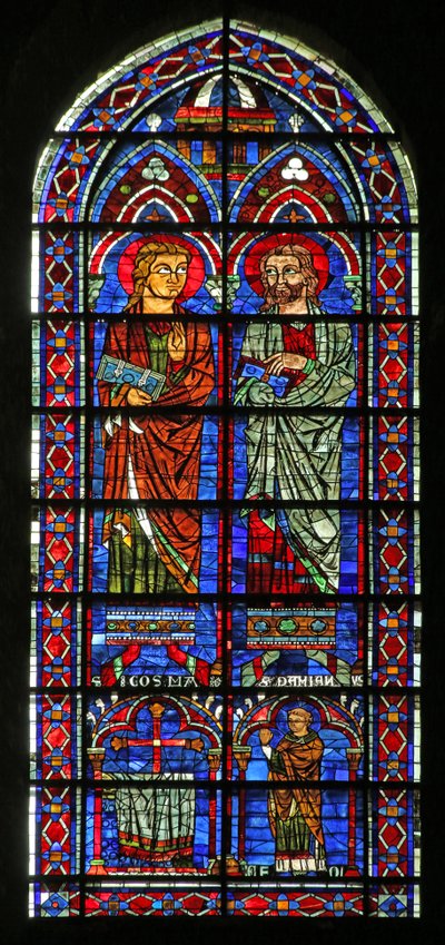 św. Kosmos i św. Damien; darczyńca ksiądz Geoffrey, (w120) autorstwa French School