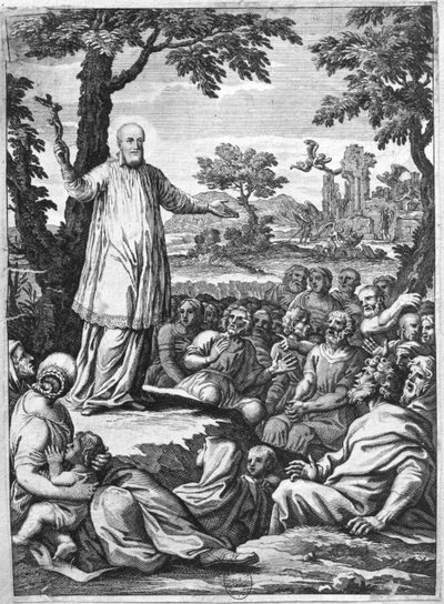 Św. Franciszek Salezy (1567-1622) nauczający heretyków z Chablais (rycina) (zdjęcie bw) autorstwa French School