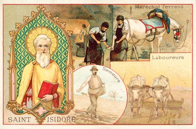 Św. Izydor, patron rolników i robotników dziennych (chromolitho) autorstwa French School