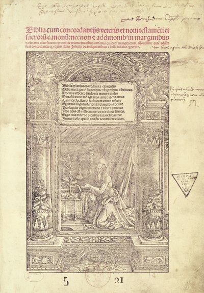 Św. Hieronim w swoim Studiolo, strona tytułowa Biblii, druk J. Marion, Lyon, 1521 autorstwa French School