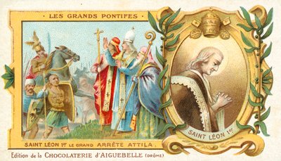 Św. Leon Wielki zatrzymuje podbój Włoch Attyli Hunów, 452 (chromolitho) autorstwa French School