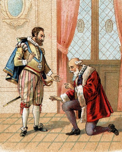 Wstań, mój przyjacielu, twoi wrogowie powiedzą, że wybaczam ci powiedział król Henryk IV do Maksymiliana z Bethune (księcia Sully) (1559-1641) w 1598 roku, który ukląkł po ożywionej dyskusji. autorstwa French School