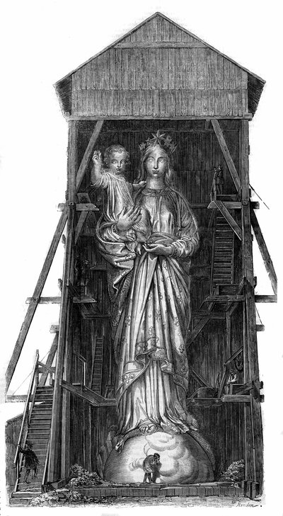 Statua Notre Dame de France w Puy en Velay (Puy-en-Velay) w Górnej Loary (43): model posągu do wytopu z żelaza z kanonów pobranych w Sewastopolu. Posąg został ukończony w 1860 roku i miał 16 m wysokości. Z fotografii. Grawerowanie w „” Le autorstwa French School