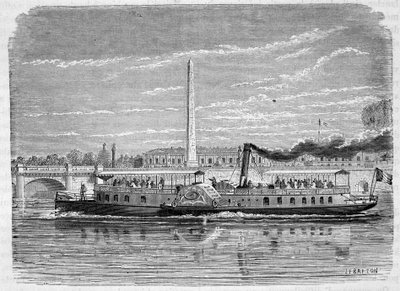 Parowiec (kołowy) przeznaczony do obsługi omnibusa na Sekwanie w Paryżu podczas Wystawy Światowej 1867 - rycina, koniec XIX w. autorstwa French School