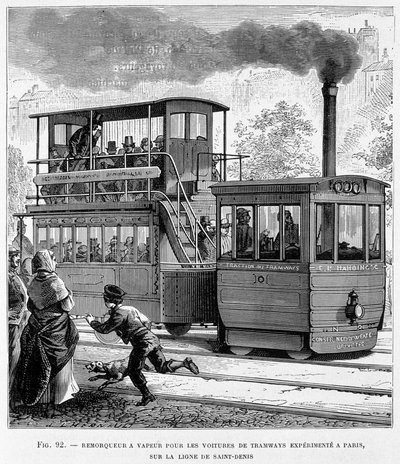 Holownik parowy dla doświadczonych wagonów tramwajowych w Paryżu, na linii Saint-Denis – w „Nowych zdobyczach nauki” Louisa Figuiera autorstwa French School