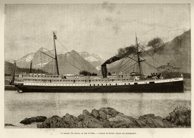 Parowiec The Queen w porcie Sitka (Alaska, USA). Rycina Bochera, w 1890, w Le tour du monde, nouveau journal des voyages, pod redakcją Edouarda Chartona (1807-1890), 2. semestr 1891, wyd. Hachette, Paryż. autorstwa French School