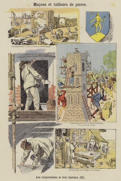 Kamieniarze i murarze (litografia kolorowa) autorstwa French School