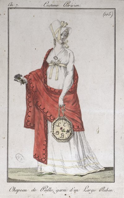 Słomkowy kapelusz ze wstążką, modny talerz z Costumes Parisiens, 1799 autorstwa French School