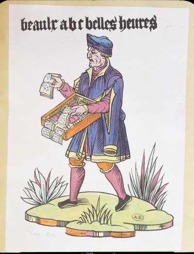 Handlarz uliczny sprzedający podkłady alfabetyczne i książki, z Cris de Paris, ok. 1515 (kolorowe drzeworyty) autorstwa French School