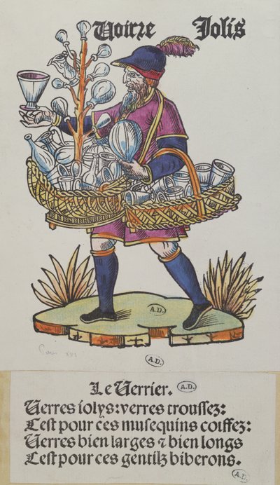 Handlarz uliczny sprzedający wyroby szklane, z Cris de Paris, ok. 1515 (kolorowe drzeworyty) autorstwa French School