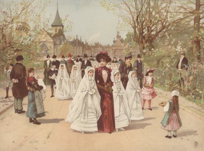Scena uliczna z dziewczynami w sukniach bierzmowania autorstwa French School