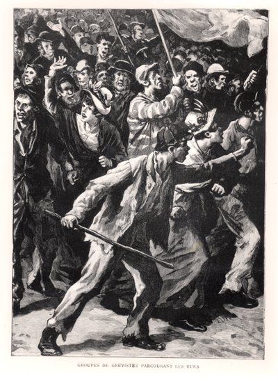 Strajkujący demonstrujący na ulicach Chicago podczas zamieszek Pullmana w 1894 r., ok. 1895 r. autorstwa French School