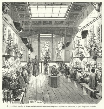 Uczniowie z klasy w bezpłatnej szkole rysunku, Francja (grafika) autorstwa French School