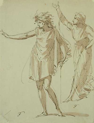 Studium dwóch klasycznie udrapowanych postaci, ok. 1790 (pióro i atrament oraz pranie na papierze) autorstwa French School