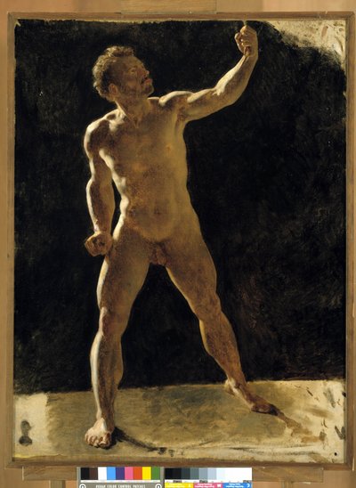 Studium nagiego mężczyzny podnoszącego pięść. Anonimowe malowanie. Musee Granet, Aix en Provence autorstwa French School