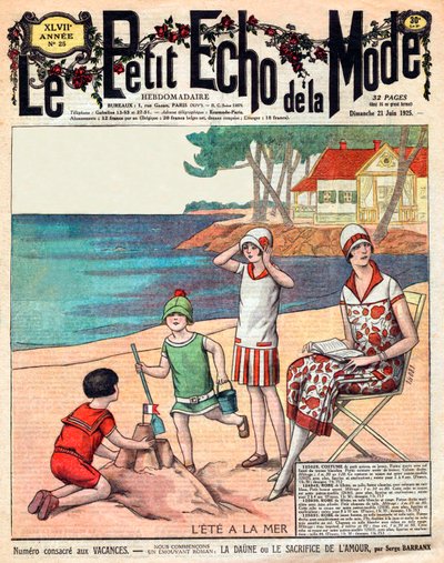 Lato nad morzem, kobieta z trójką dzieci na plaży autorstwa French School