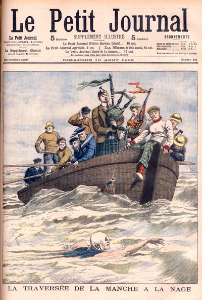 Pływanie po kanale La Manche. Anglik Jabez Wolffe po raz pierwszy z 22 nieudanych prób przepłynięcia kanału. La traversee de la manche a la swim autorstwa Jabez Wolffe (1877-1943) - ilustracja do Le petit Journal autorstwa French School