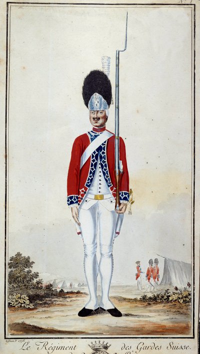 SwissGuard. Tablica 16 w „Kompendium umundurowania wojsk francuskich pod panowaniem Ludwika XVI” Litografia z 1779 r. Wymiary 0,23x0,16m. Paryż, Muzeum Wojska autorstwa French School