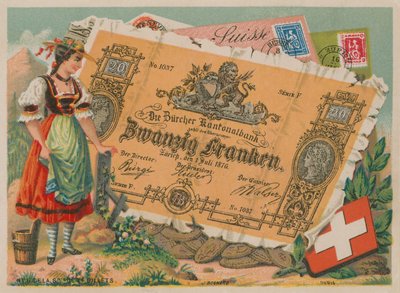 Szwajcarka w tradycyjnym stroju i banknot 20 franków autorstwa French School