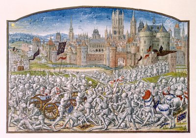 T.2 fol.287 Zwycięstwo mieszkańców Gandawy pod wodzą Philippa van Artevelde przed Brugią w 1381, z Kroniki Froissarts, 1472 autorstwa French School