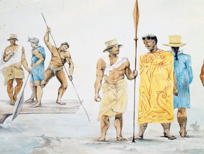 Tahitańscy wodzowie wchodzą na pokład Coquille, projekt Jules-Louis Lejeune, na podstawie Podróży dookoła świata autorstwa French School