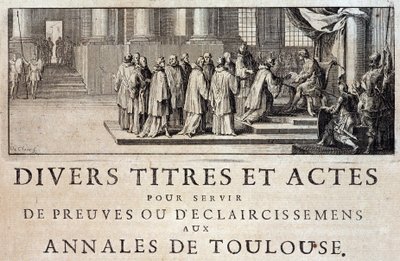 Przejęcie miasta i hrabiego Tuluzy przez emisariuszy króla Filipa III w 1271 w „Annales de la ville de Toulouse” Germaina de Lafaille, Tuluza autorstwa French School