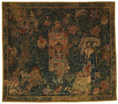 Gobelin, Bóg Ojciec ukazujący się Mojżeszowi (jeden z zestawu sześciu Sybilli obejmujących od 46.134 do 46.139) zwany „Rothamsted Tapestries”, wykonany we Flandrii, Tournei lub Brukseli w Belgii, ok. 1530 r. (wełna) autorstwa French School