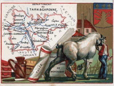 Tarn et Garonne (Tarn-et-Garonne, 82), Midi-Pyrenees (Midi Pyrenees), Francja. Lokalna specjalność: olej, skrobia, tiul, hurtowa blacha Montauban, młyn do wina i mąki. Seria o francuskich departamentach. Chromolitografia (Chromo) „” wątek geograficzny””, c autorstwa French School